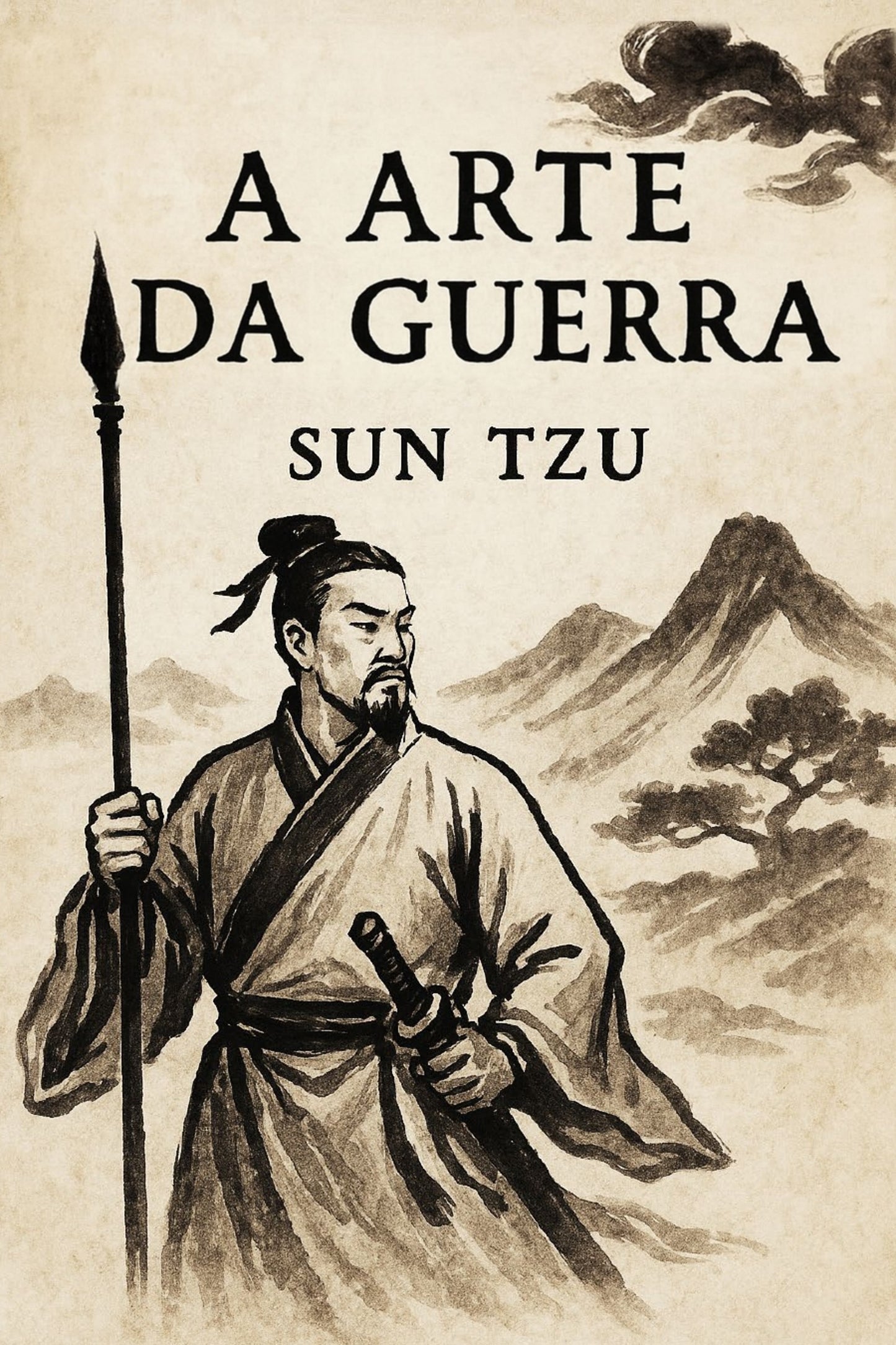 Book cover of 'A Arte da Guerra' by Sun Tzu with a warrior illustration and mountain landscape.