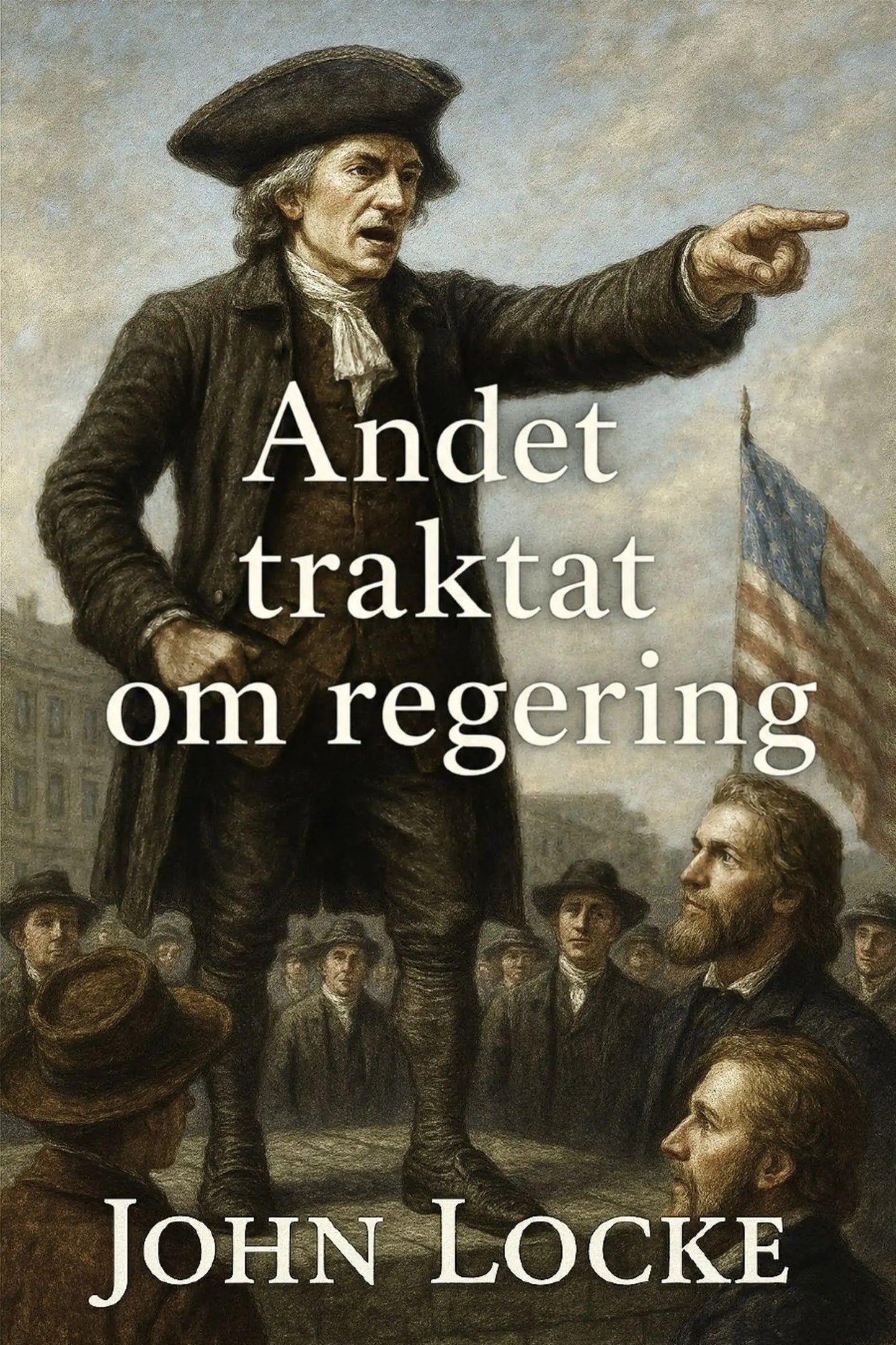 Book cover for 'Andet traktat om regering' by John Locke, featuring a historical painting of George Washington pointing toward an American flag, with the title and author name in white text.