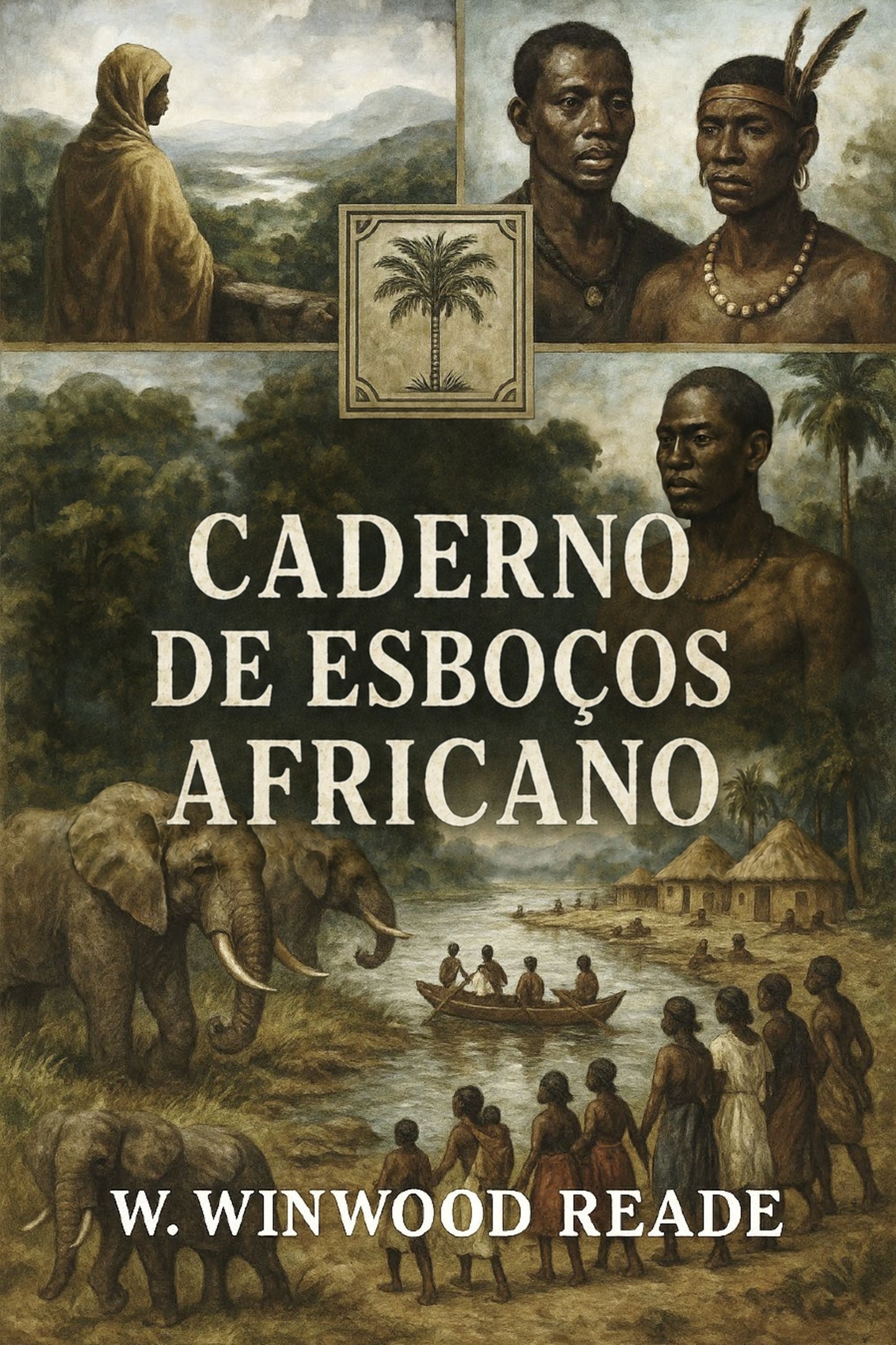 Book cover of 'Caderno de esboços africano' by W. Winwood Reade with illustrations of people and an elephant.