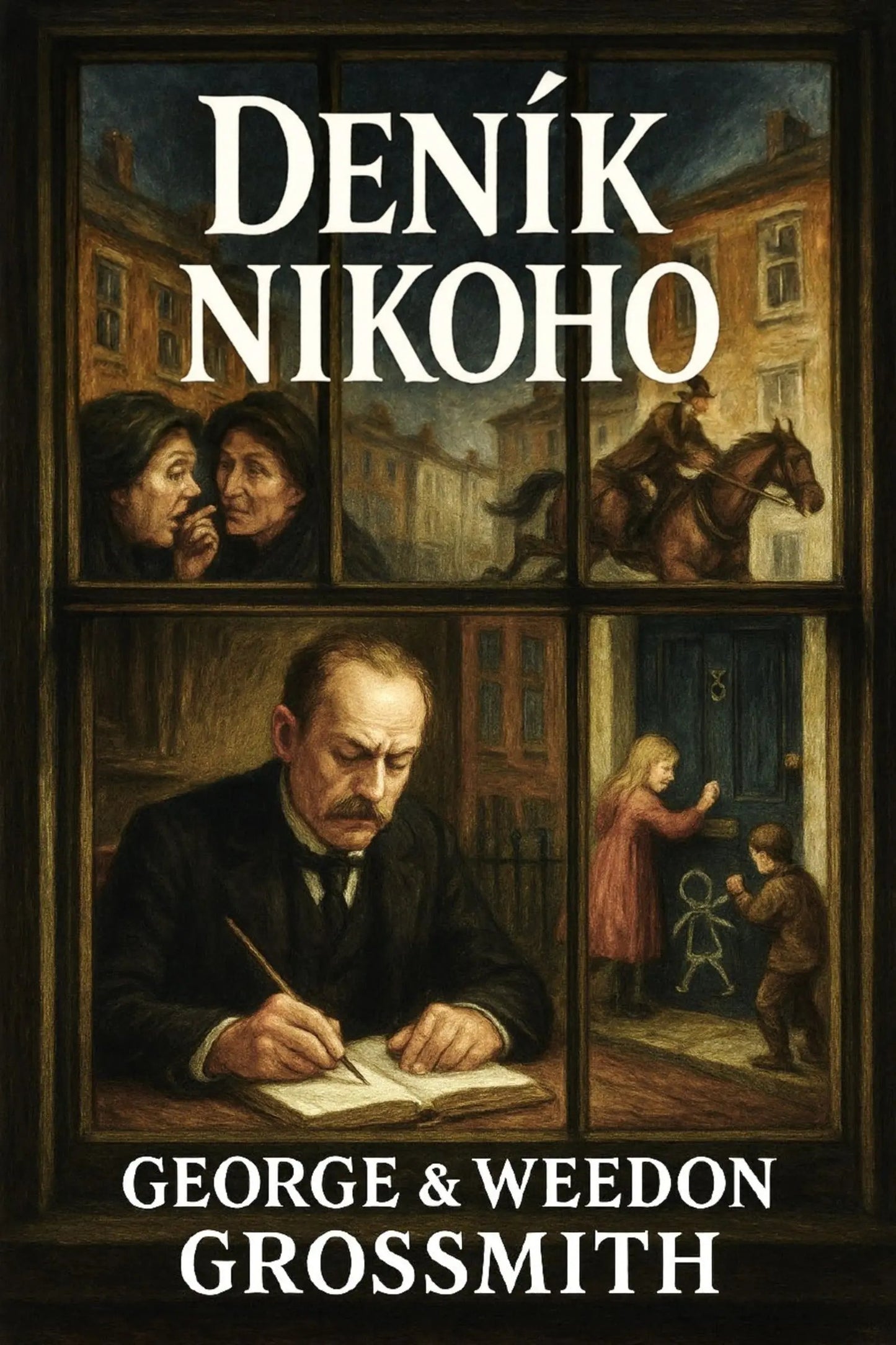 Book cover for 'Deník nikoho' by George & Weedon Grossmith, featuring a dark, vintage-style illustrated scene viewed through a window grid. The artwork shows a man writing at a desk, a woman in a pink dress standing by a door, a child, and a horse rider, with the title in large white letters at the top and the authors' names at the bottom.