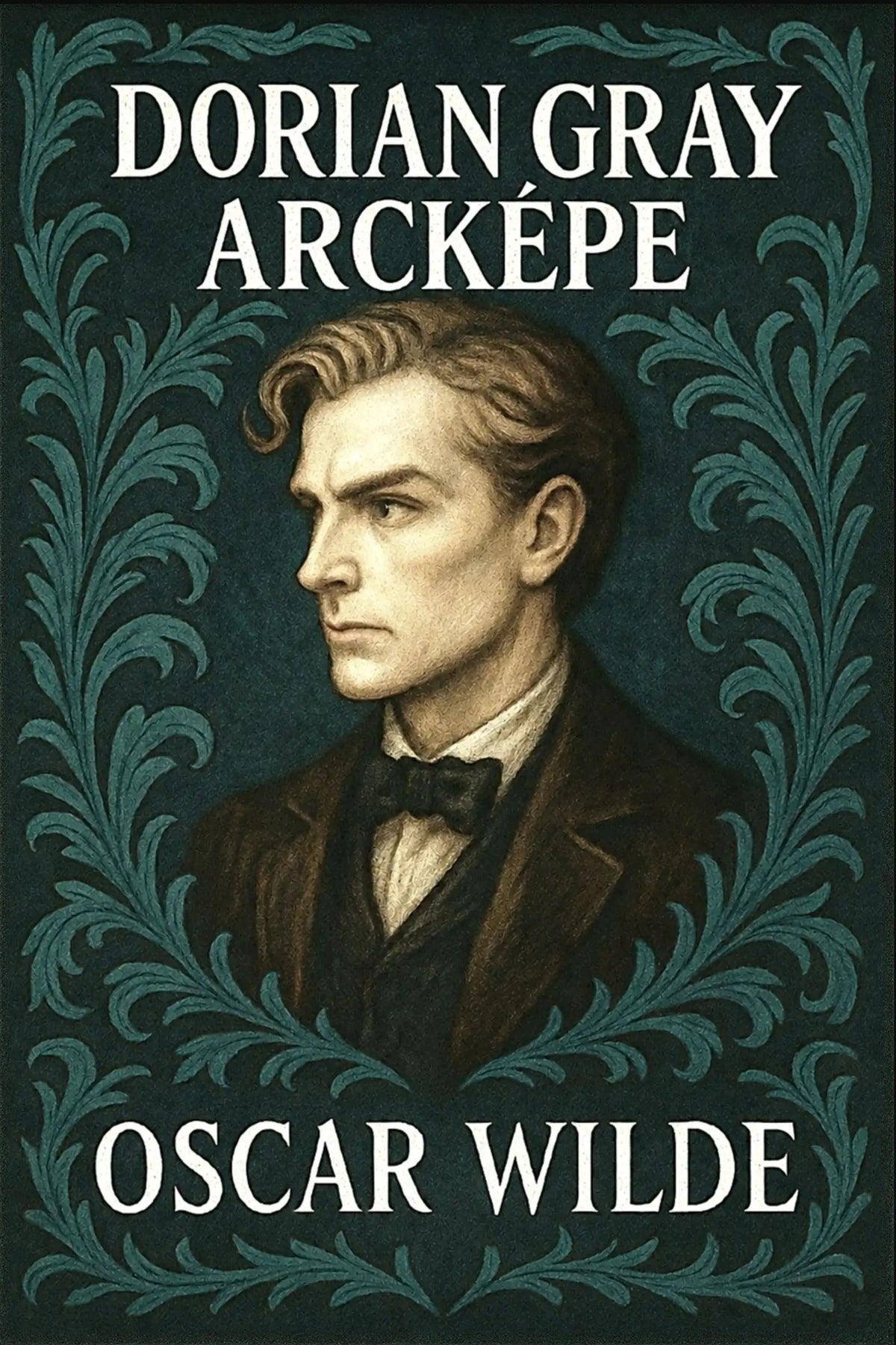 Book cover for 'Dorian Gray arcképe' by Oscar Wilde, featuring a portrait of Dorian Gray in profile against a dark teal background with ornate leafy borders and white text.