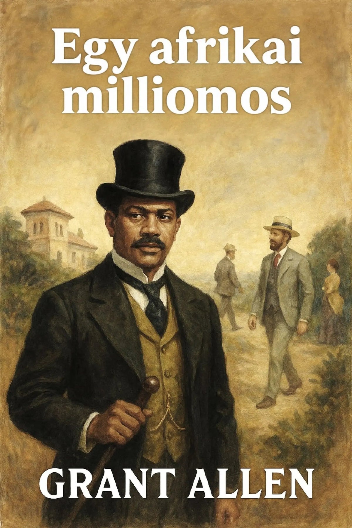 Book cover for 'Egy afrikai milliomos' by Grant Allen, featuring a painted portrait of a man in a black top hat and dark suit against a sepia-toned background with other figures in the distance.