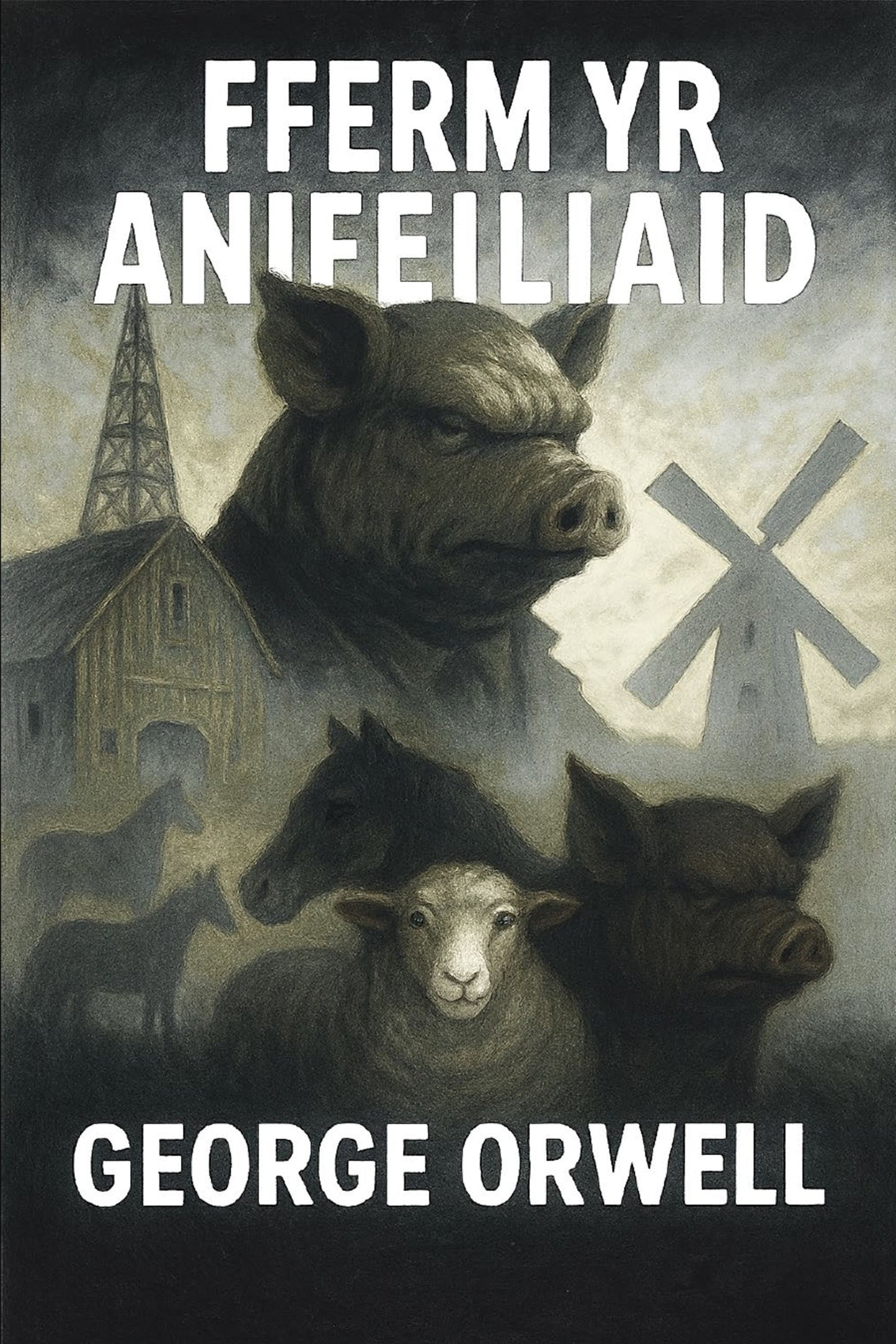Book cover of 'Fferm yr Anifeiliaid' by George Orwell with animals and a windmill in the background.