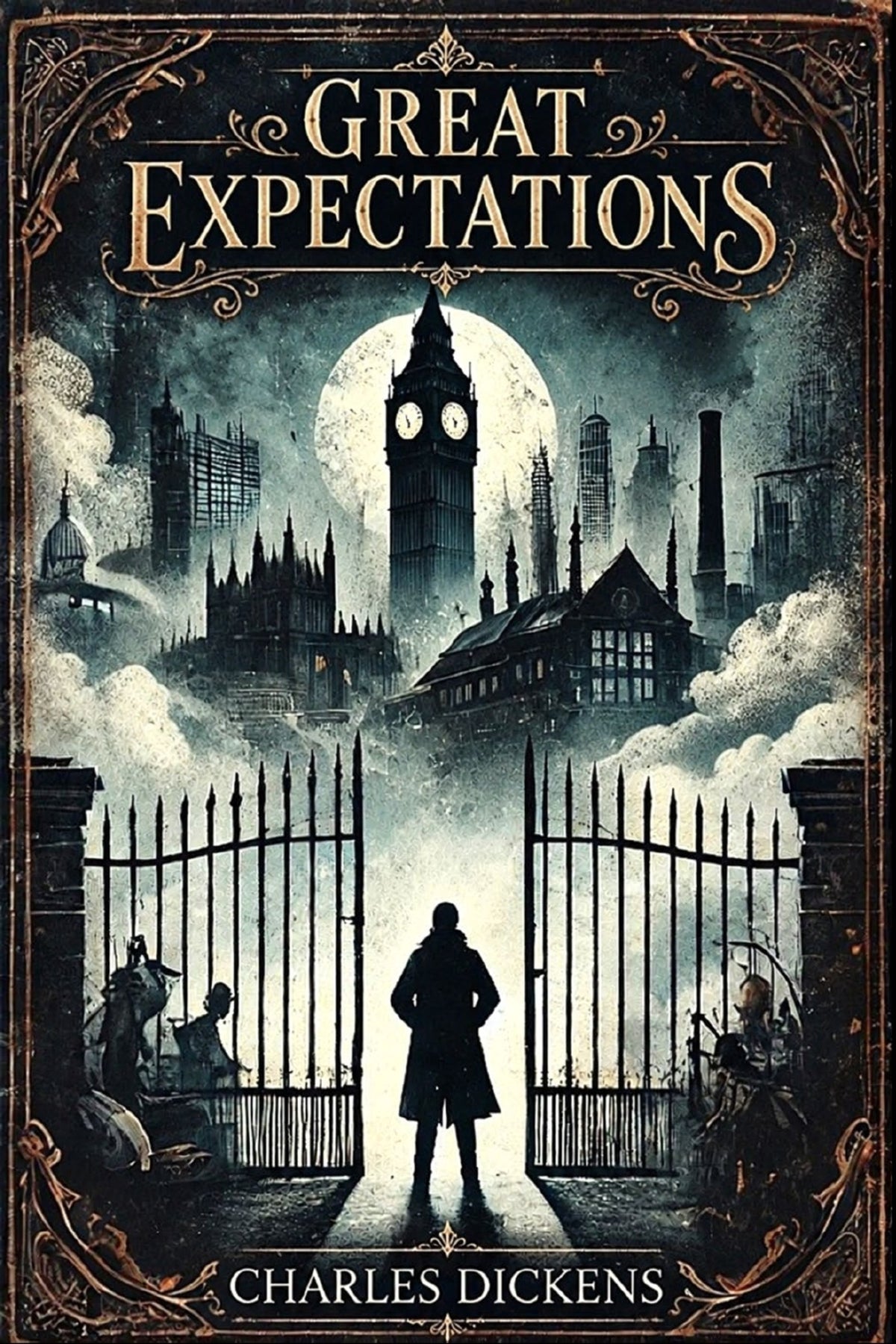 Book cover for 'Great Expectations' by Charles Dickens, featuring a dark gothic illustration of Big Ben, fog, a large full moon, and a silhouetted figure standing before ornate gates.