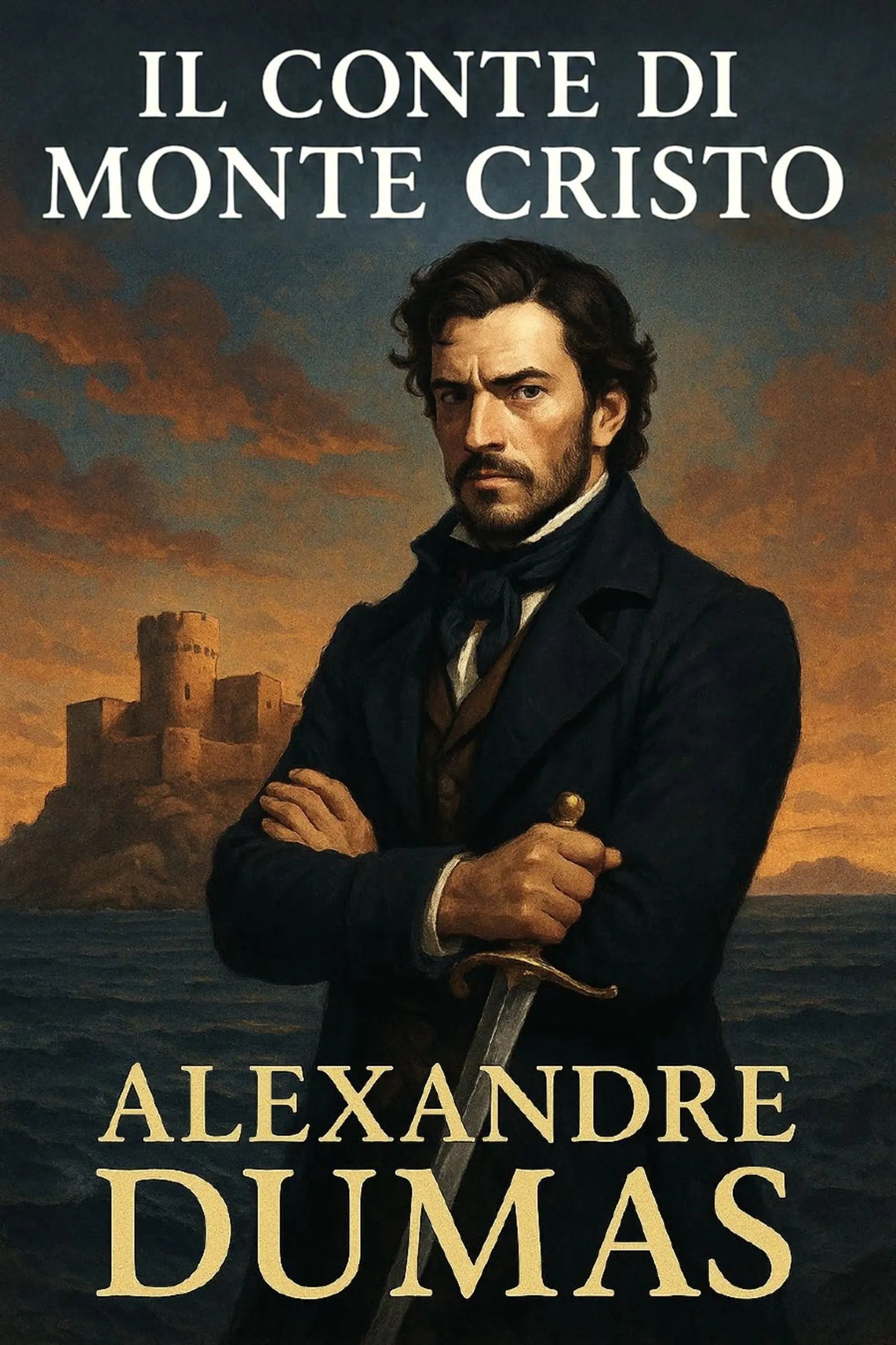 Book cover for 'Il Conte di Monte Cristo' by Alexandre Dumas, featuring a painted portrait of a man in a dark coat holding a sword, with a castle and sea in the background.