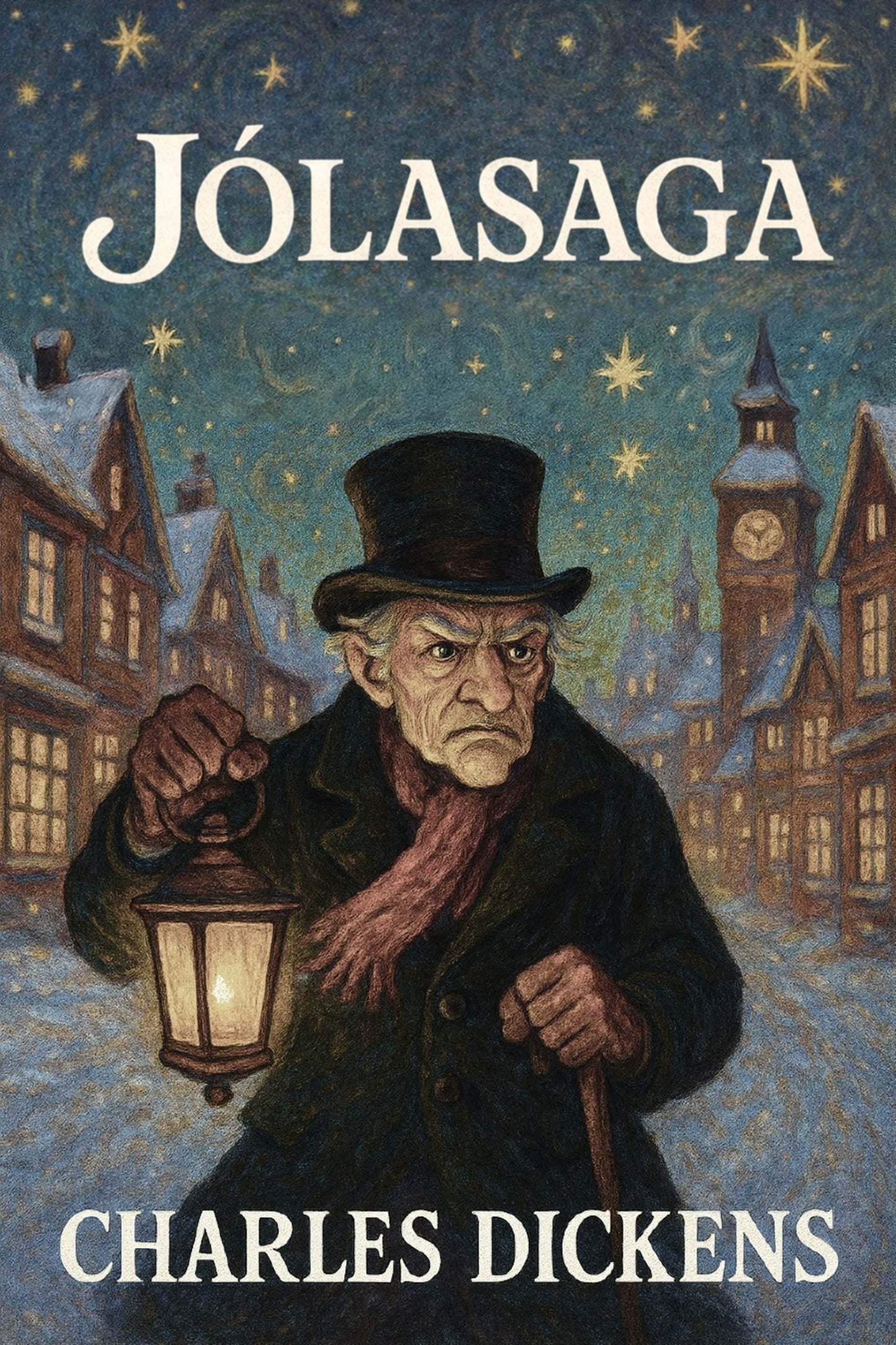 Book cover of 'Jólasaga' by Charles Dickens with a man holding a lantern in a snowy village scene.