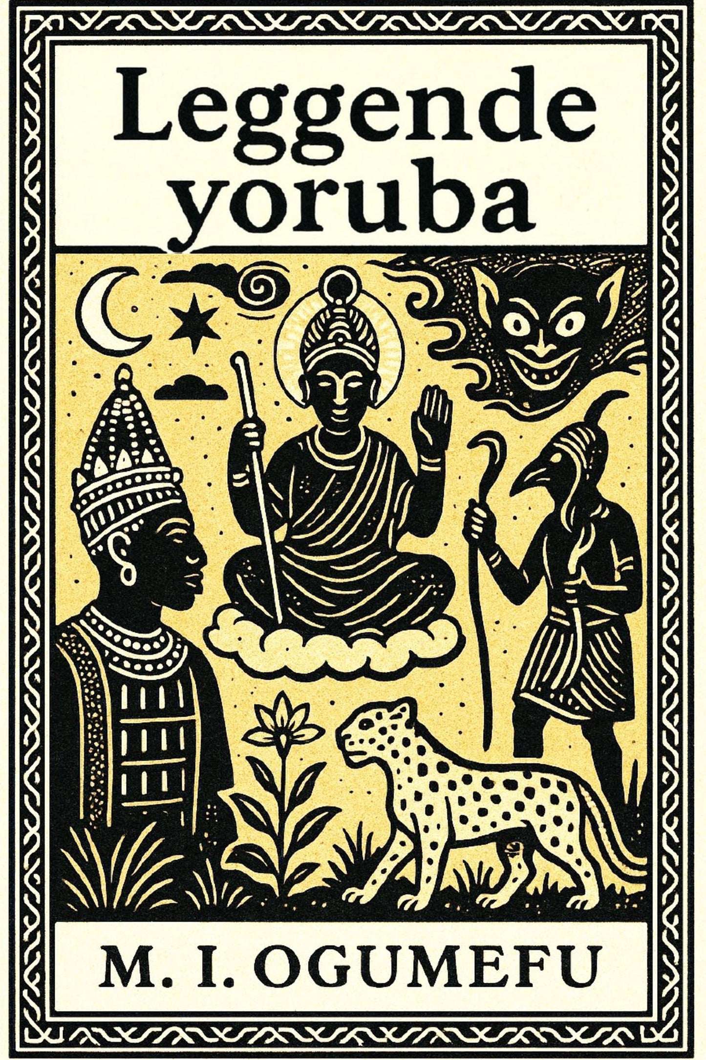 Book cover of 'Leggende yoruba' with black illustrations on a yellow background