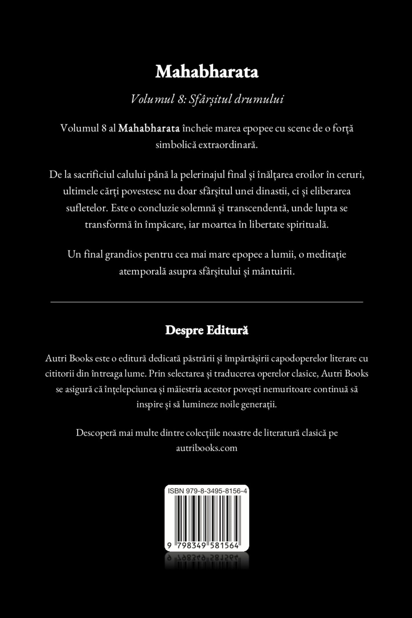 Back cover of a book titled 'Mahabharata' with text and a barcode.