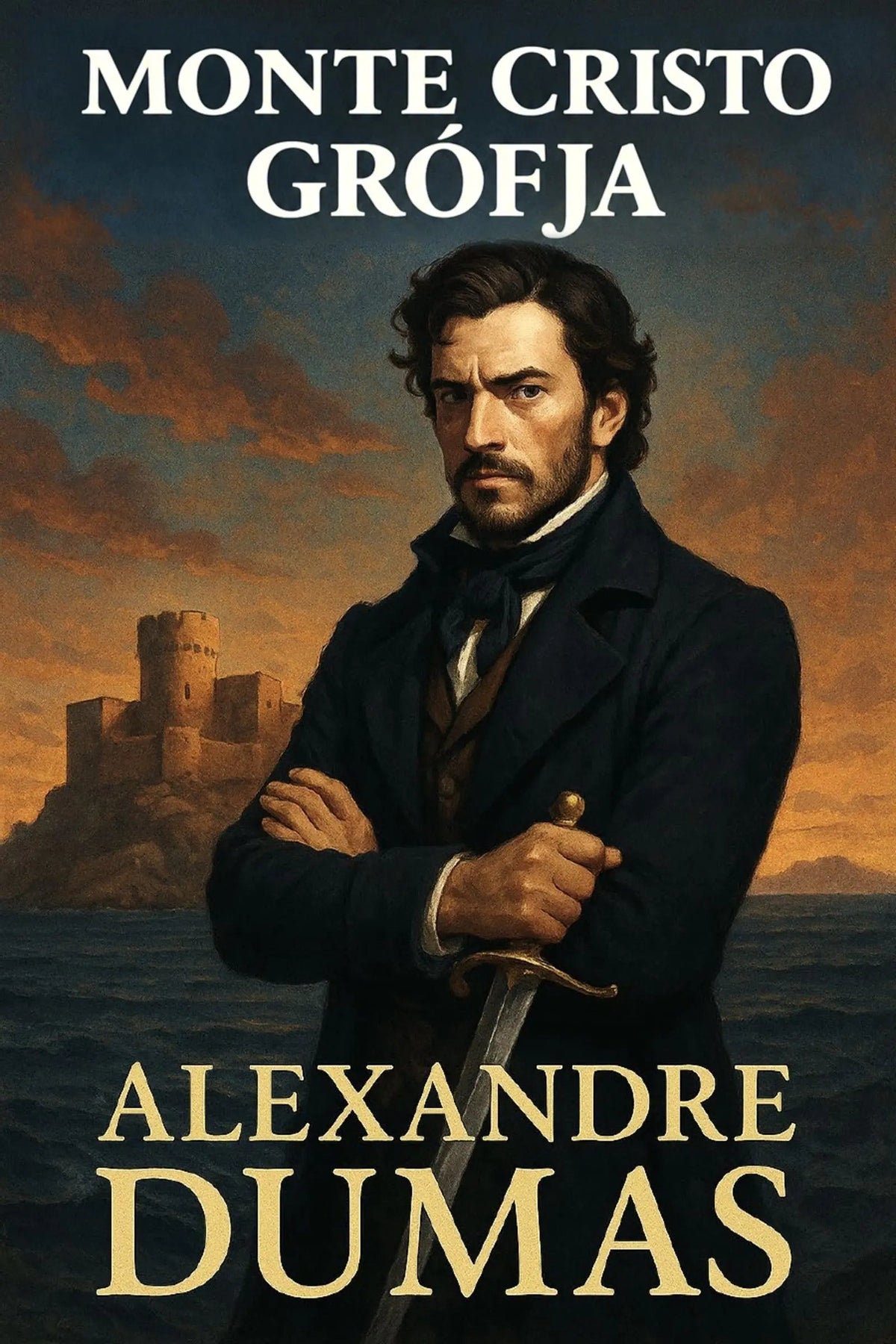 Book cover for 'Monte Cristo grófja' by Alexandre Dumas, featuring a painted portrait of Alexandre Dumas holding a sword, with a castle and sea in the background under a dramatic sky.