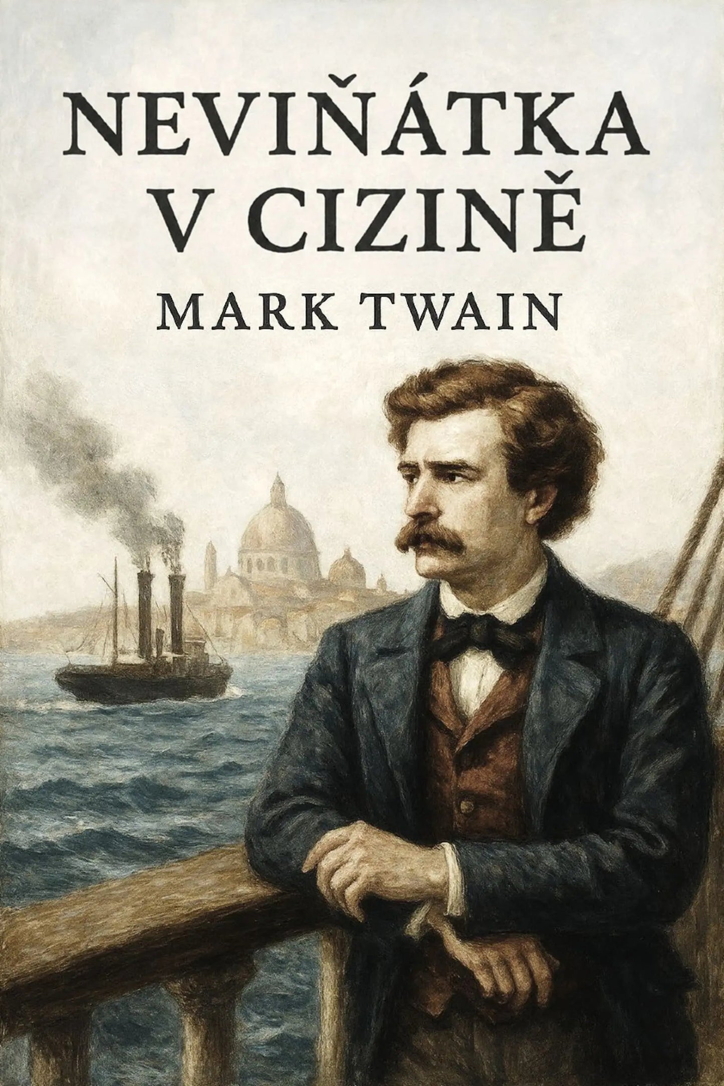 Book cover for 'Neviňátka v cizině' by Mark Twain, featuring a painted portrait of Mark Twain in Victorian attire leaning on a ship's railing, with a sea scene and domed building in the background.