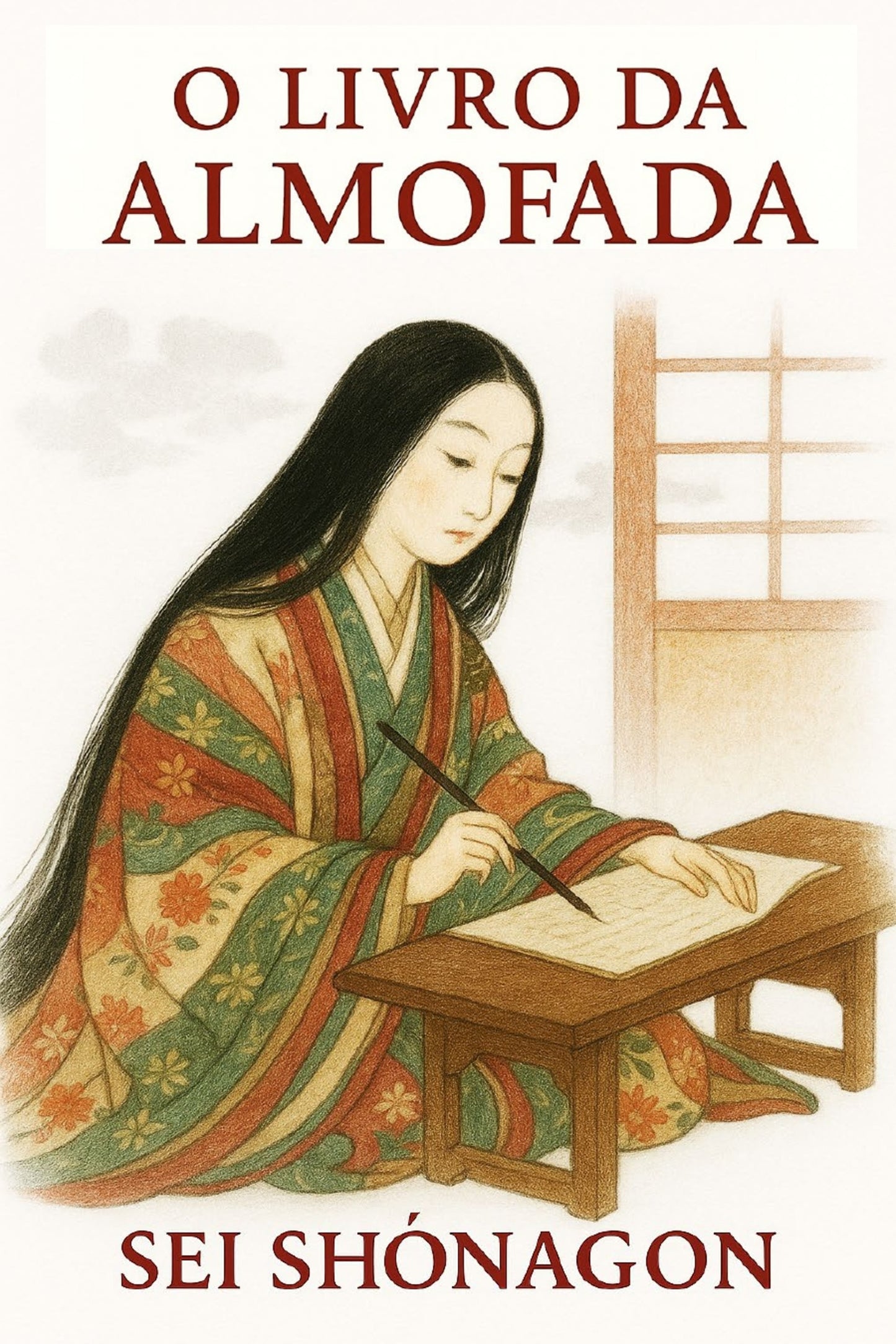 Book cover of 'O Livro da Almofada' by Sei Shônagon featuring a woman in traditional attire writing.