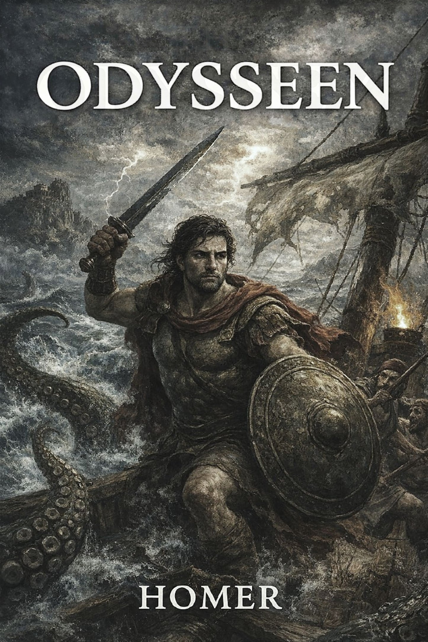Book cover of 'Odysseen' by Homer featuring a warrior with a sword and shield against a stormy sea.