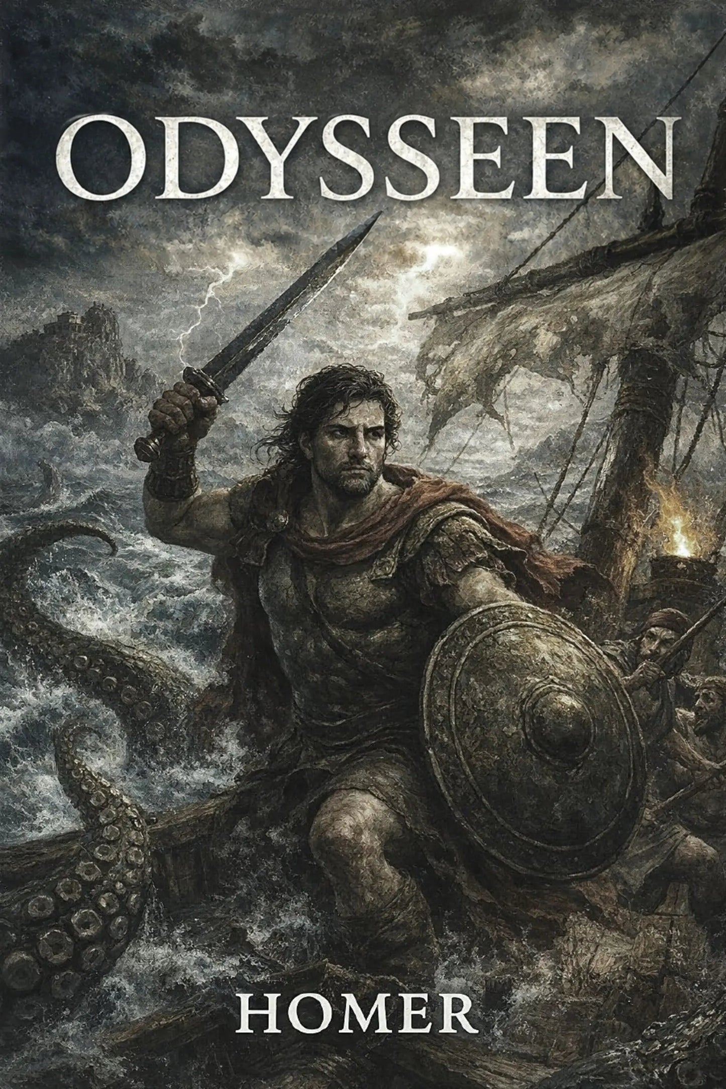 Book cover of 'Odysseen' by Homer featuring a warrior with a sword and shield against a stormy sea.