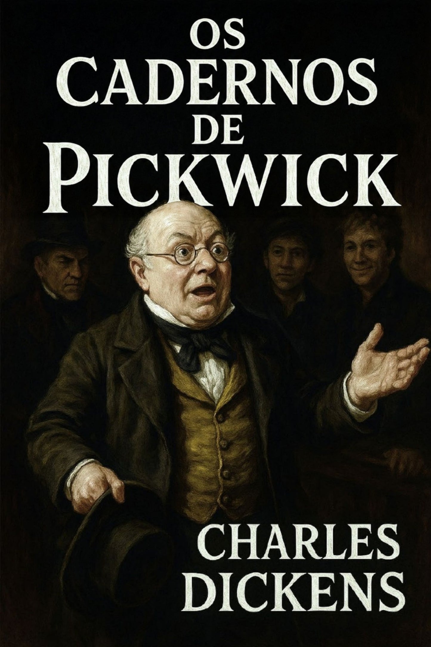 Book cover of 'Os cadernos de Pickwick' by Charles Dickens with a dark background and central character.