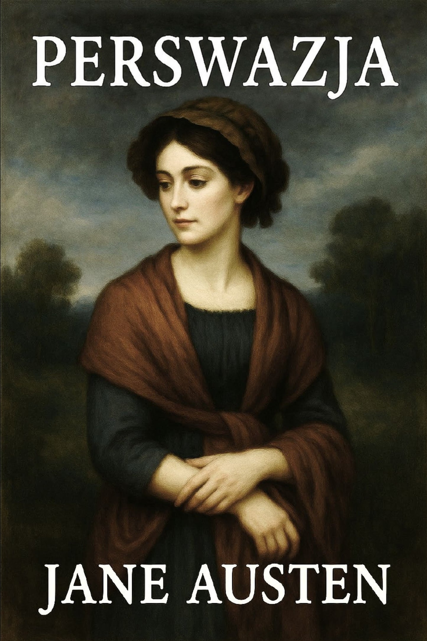 Book cover of 'Perswazja' by Jane Austen with a portrait of a woman in a brown shawl against a cloudy sky.