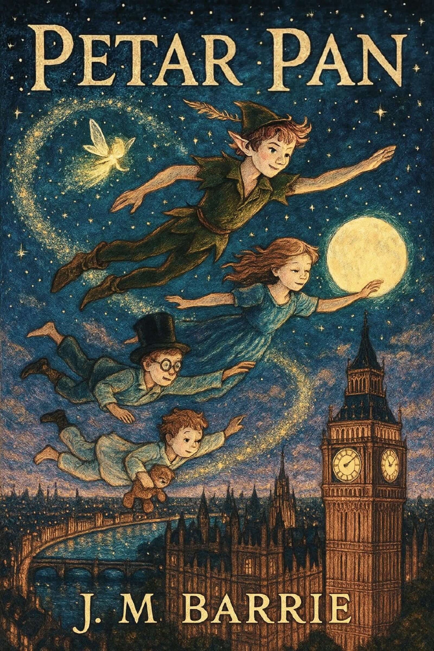 Book cover of 'Petar Pan' by J.M. Barrie with characters flying over a cityscape.