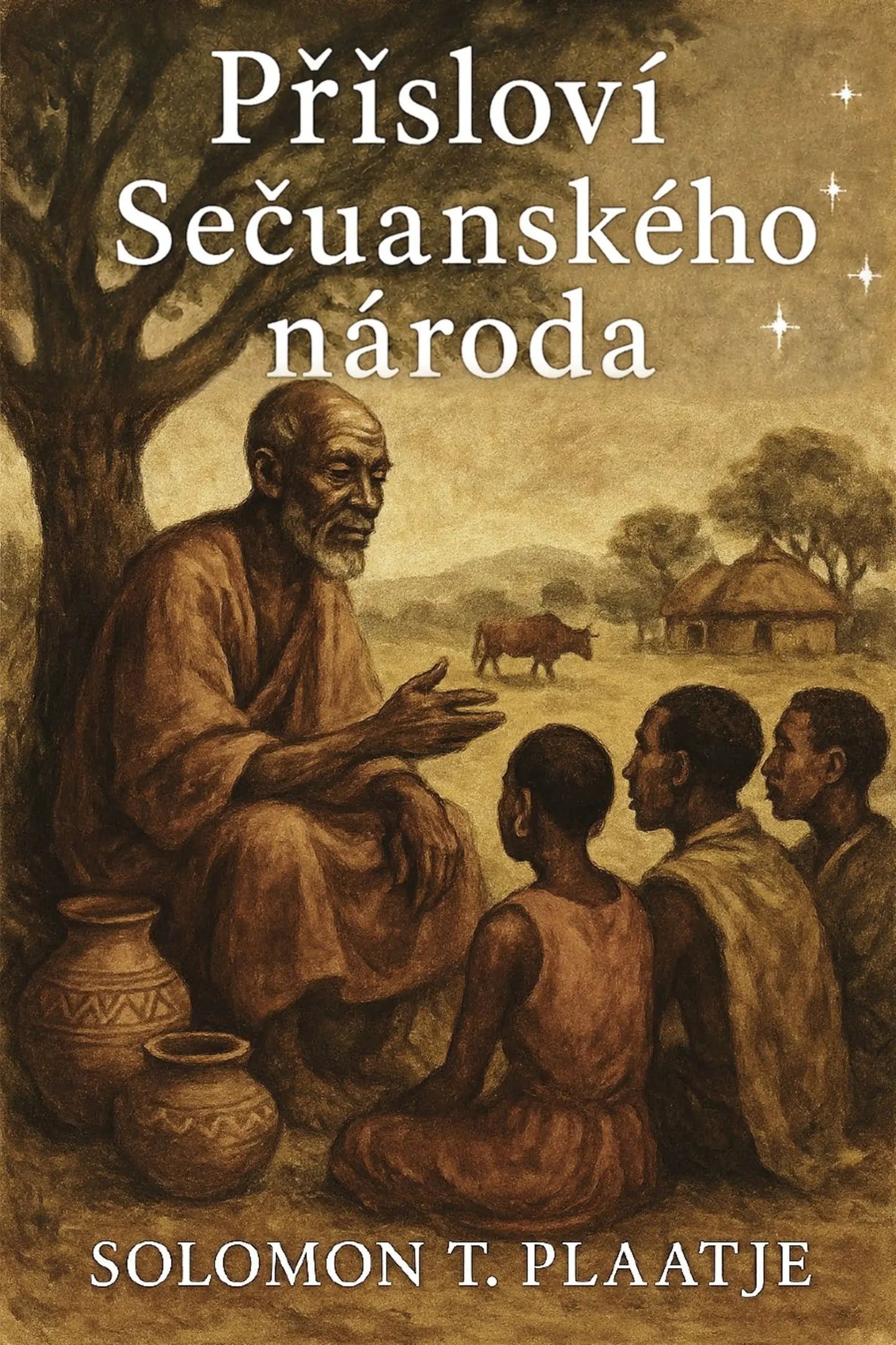 Book cover for 'Přísloví Sečuanského národa' by Solomon T. Plaatje, featuring a sepia-toned illustration of an elder speaking with three children in a rural landscape.
