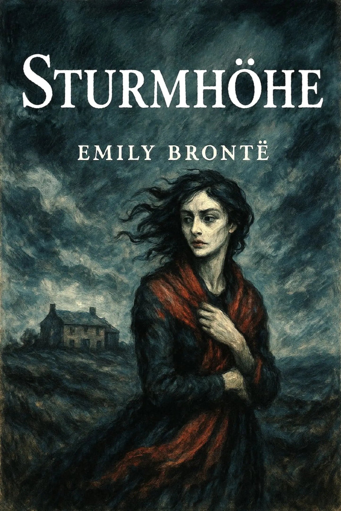 Book cover for 'Sturmhöhe' by Emily Brontë, featuring a dark, painterly illustration of a woman in a red shawl against a stormy sky, with a cottage in the background.
