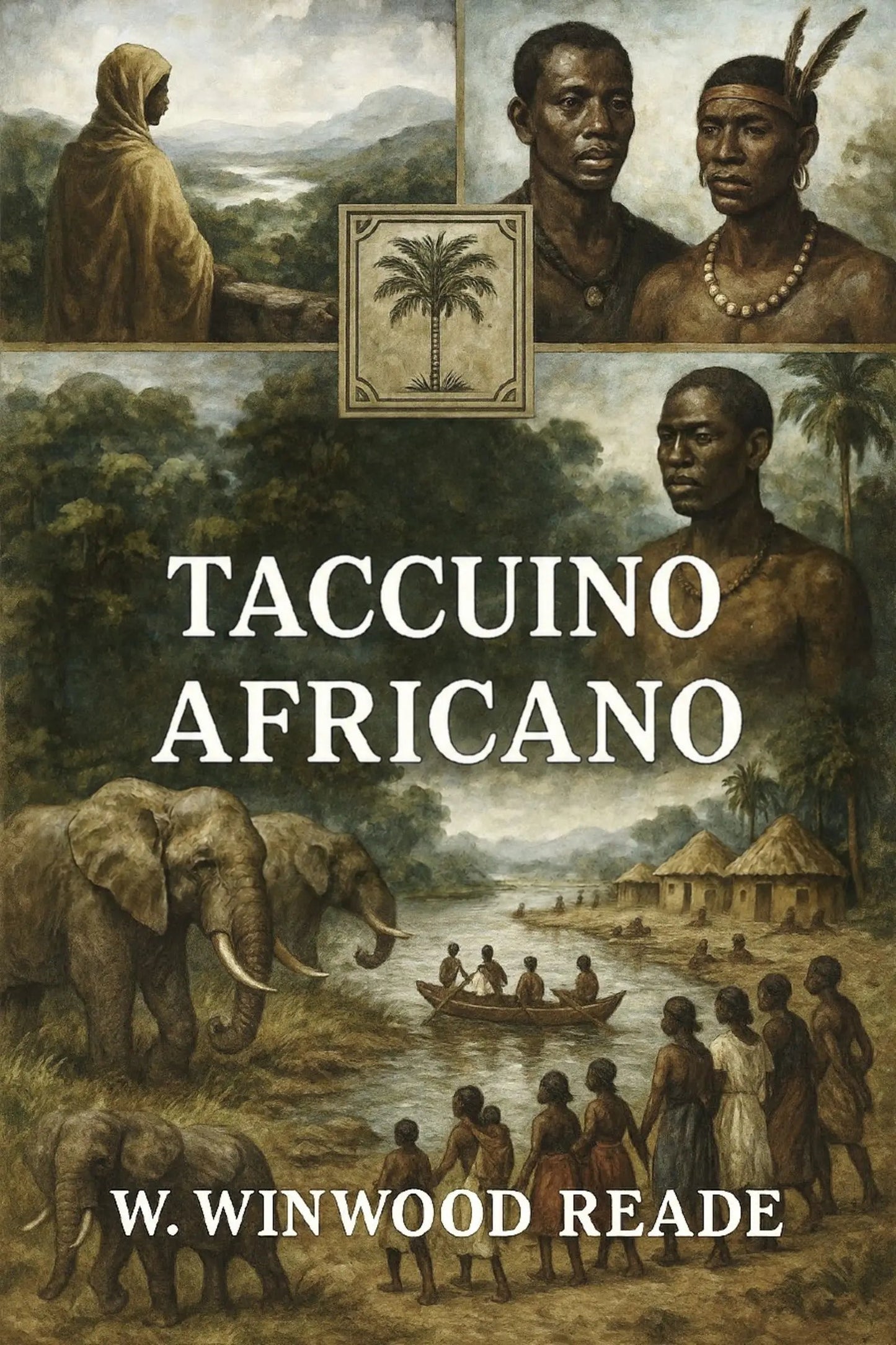 Book cover for 'Taccuino africano' by W. Winwood Reade, featuring a sepia-toned historical illustration with figures, elephants, a boat on water, huts, and a central palm tree emblem.