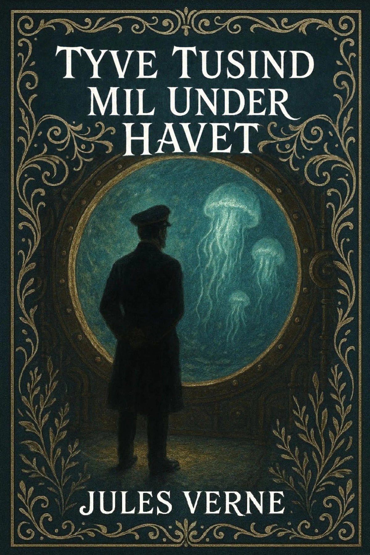 Book cover for 'Tyve tusind mil under havet' by Jules Verne, featuring a dark navy and gold ornate border, a silhouette of a man facing a glowing blue-green underwater scene with jellyfish, and white title text at the top.