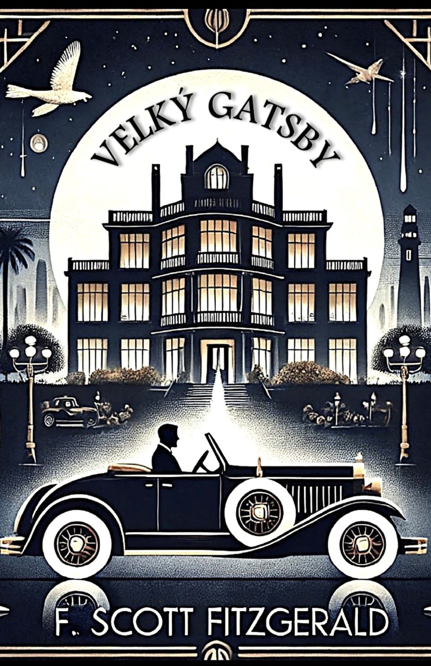 Book cover of 'Velký Gatsby' with a vintage car, mansion, and night sky.
