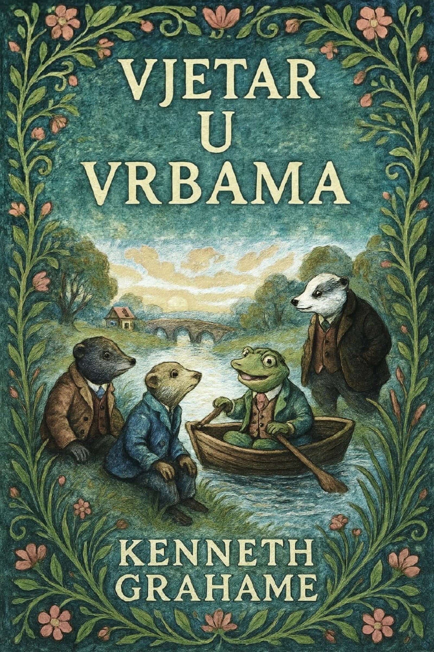 Book cover of 'Vjetar u Vrbama' by Kenneth Grahame with animals in a boat and decorative border.