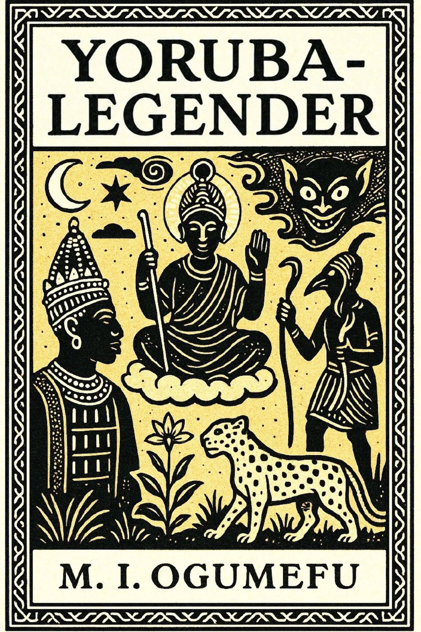 Book cover of 'Yoruba-legender' by M.I. Ogumefu with black illustrations on a yellow background.