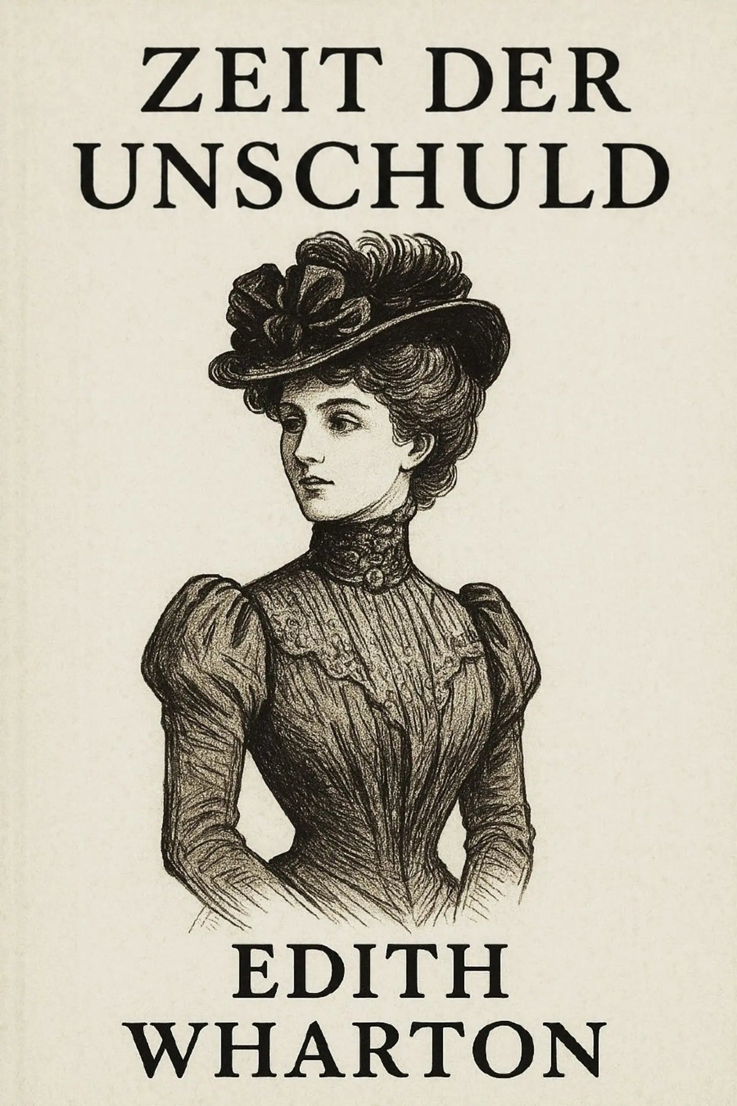 Book cover for 'Zeit der Unschuld' by Edith Wharton, featuring a vintage black ink illustration of a woman in a high-neck dress and large hat on a warm cream background.