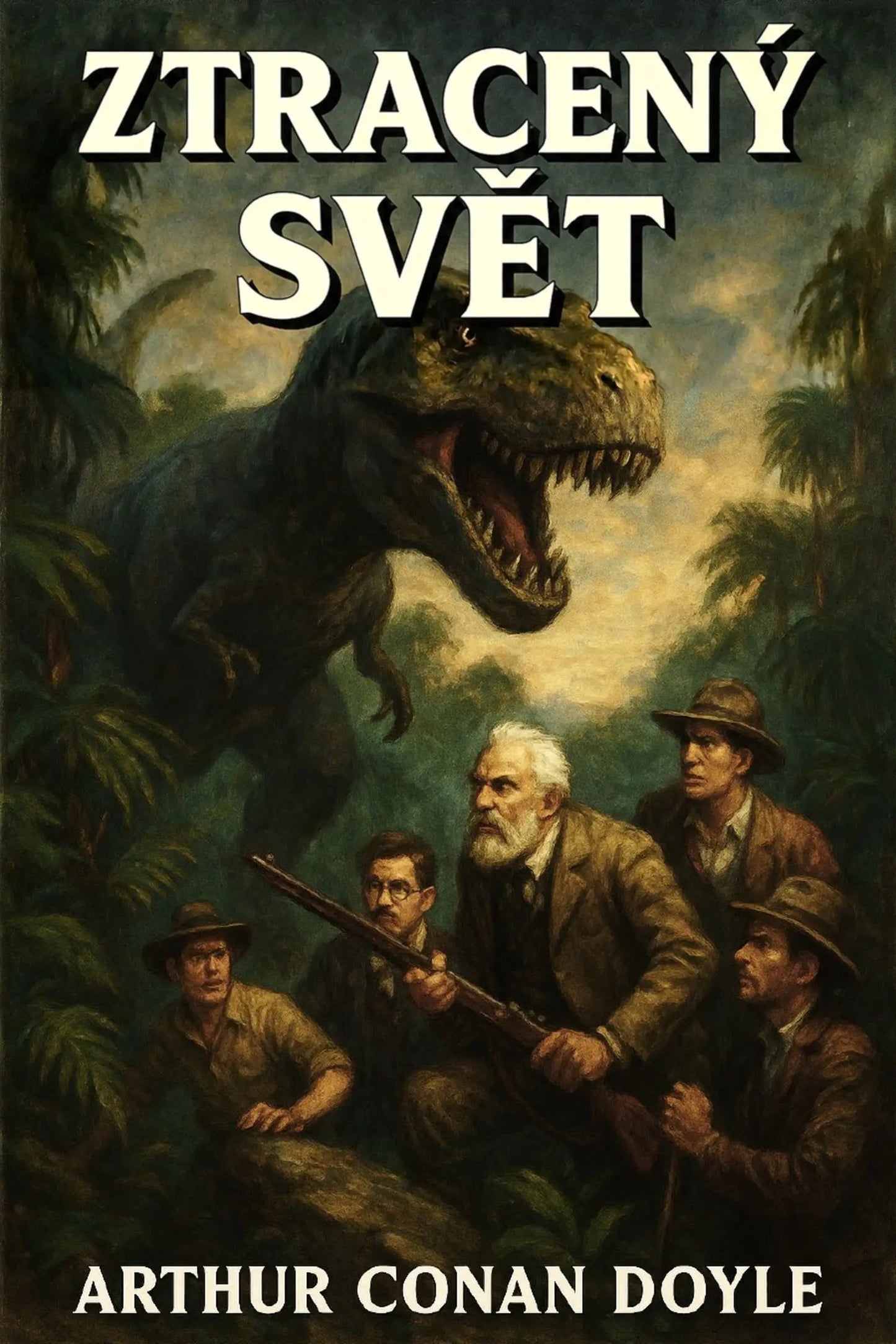 Book cover for 'Ztracený svět' by Arthur Conan Doyle, featuring an illustrated scene of four explorers in a jungle facing a large Tyrannosaurus Rex.