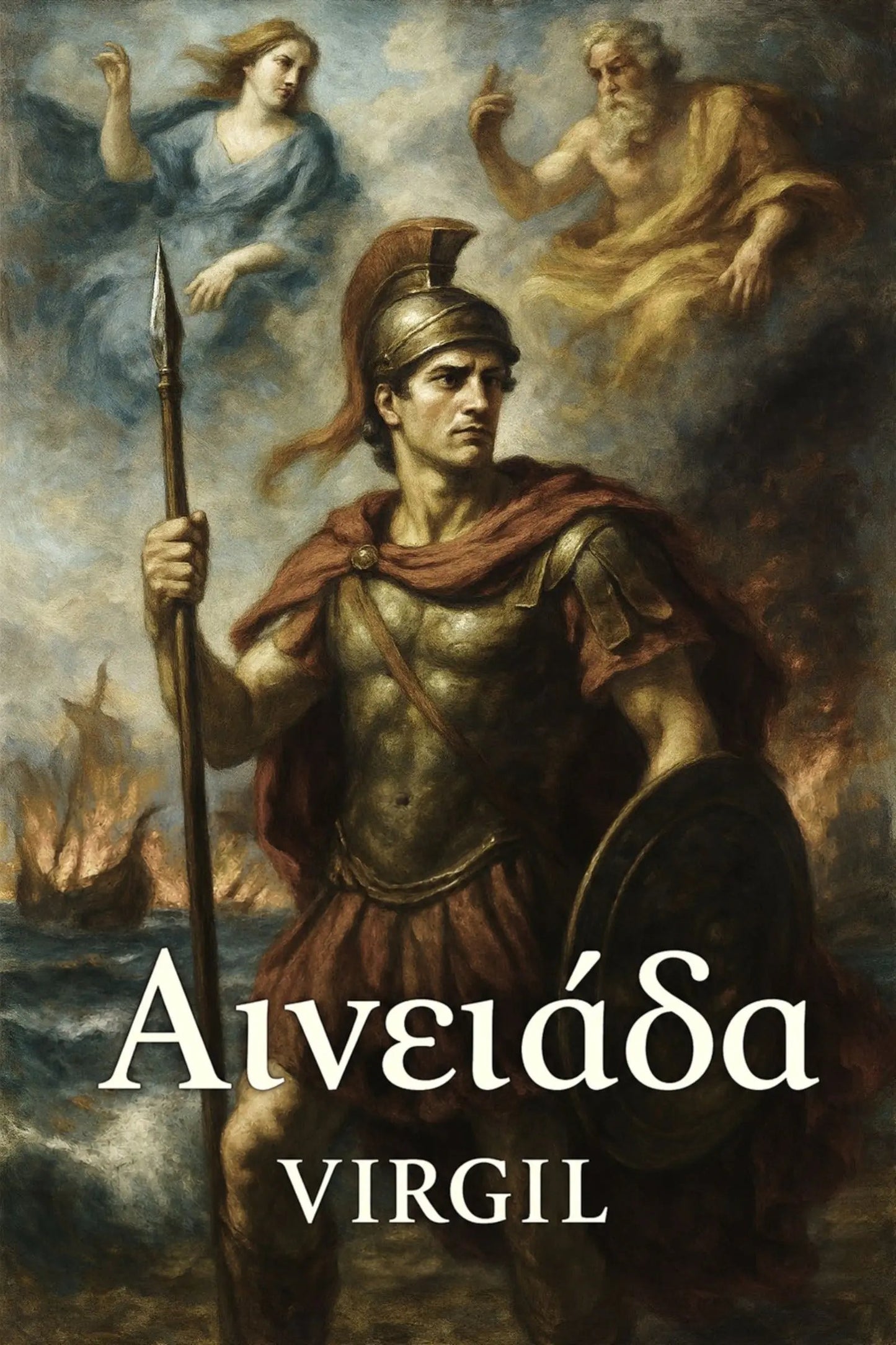 Book cover for 'Αινειάδα' featuring a classical-style painting of a Spartan warrior holding a spear and shield, with a woman and a bearded figure floating above in a stormy sky.