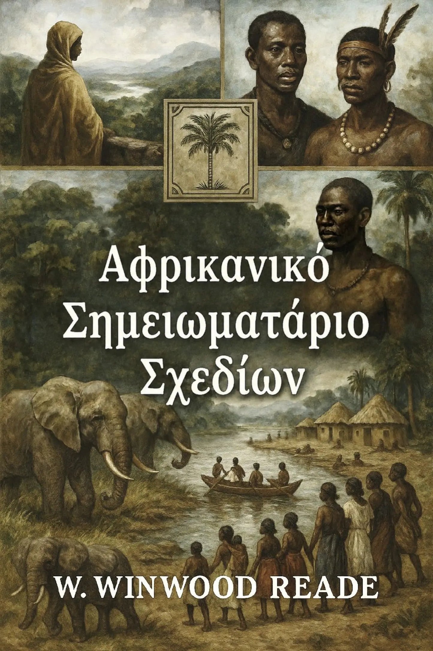 Book cover for 'Αφρικανικό Σημειωματάριο Σχεδίων' by W. Winwood Reade, featuring a collage of historical illustrations including African figures, elephants, a boat on water, and a central palm tree emblem.