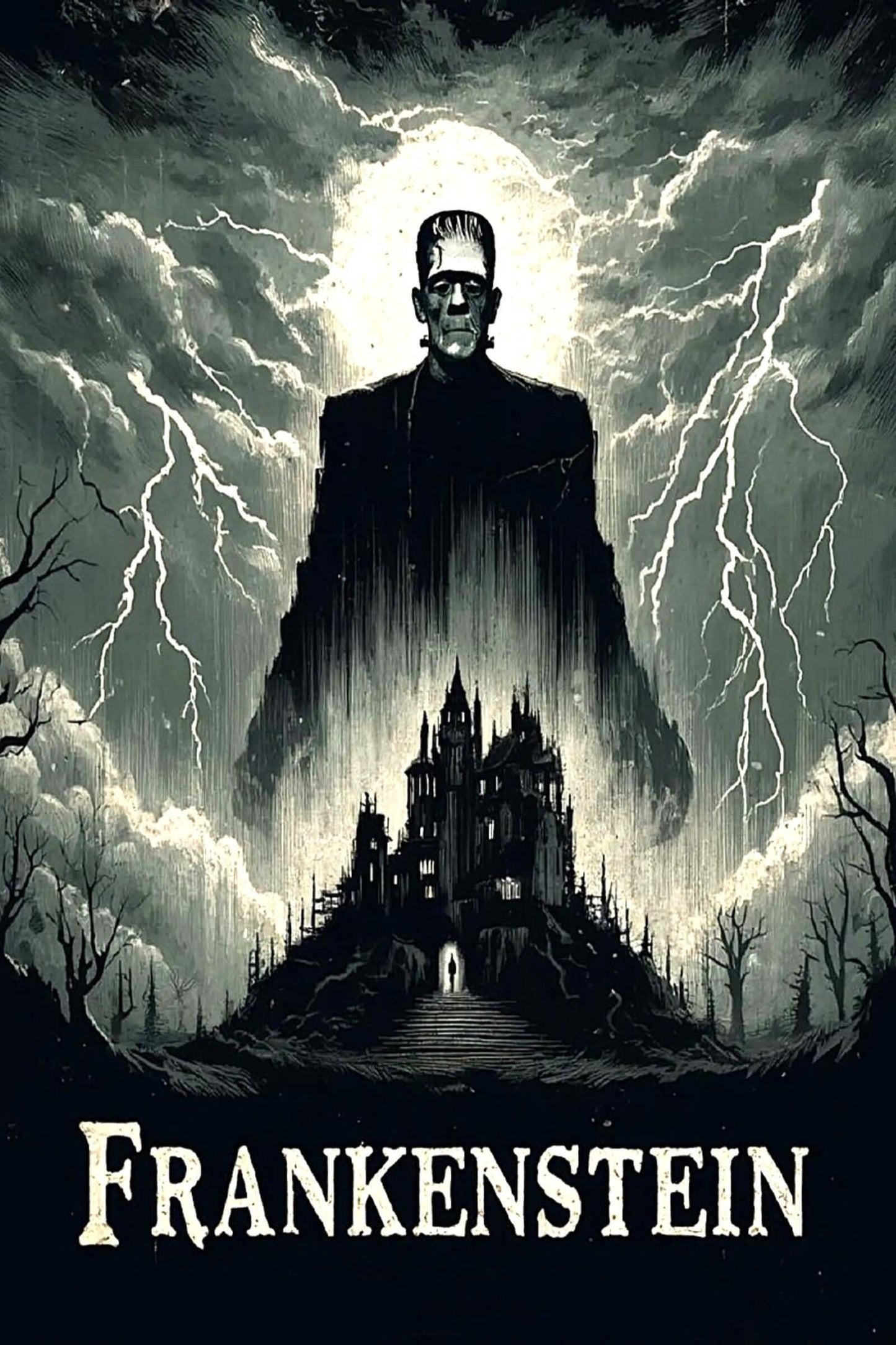 Dark and eerie depiction of Frankenstein's monster with a castle in the background, titled 'Frankenstein'.