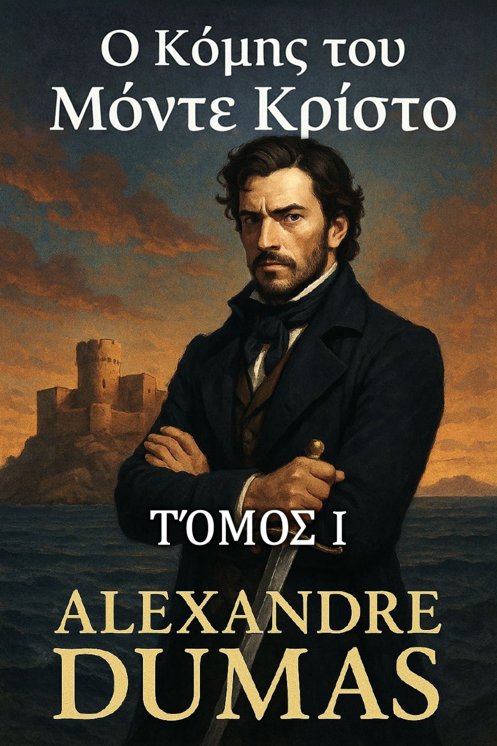 Book cover of 'Ο Κόμης του Μόντε Κρίστο' by Alexandre Dumas with a man in a coat and a castle in the background.