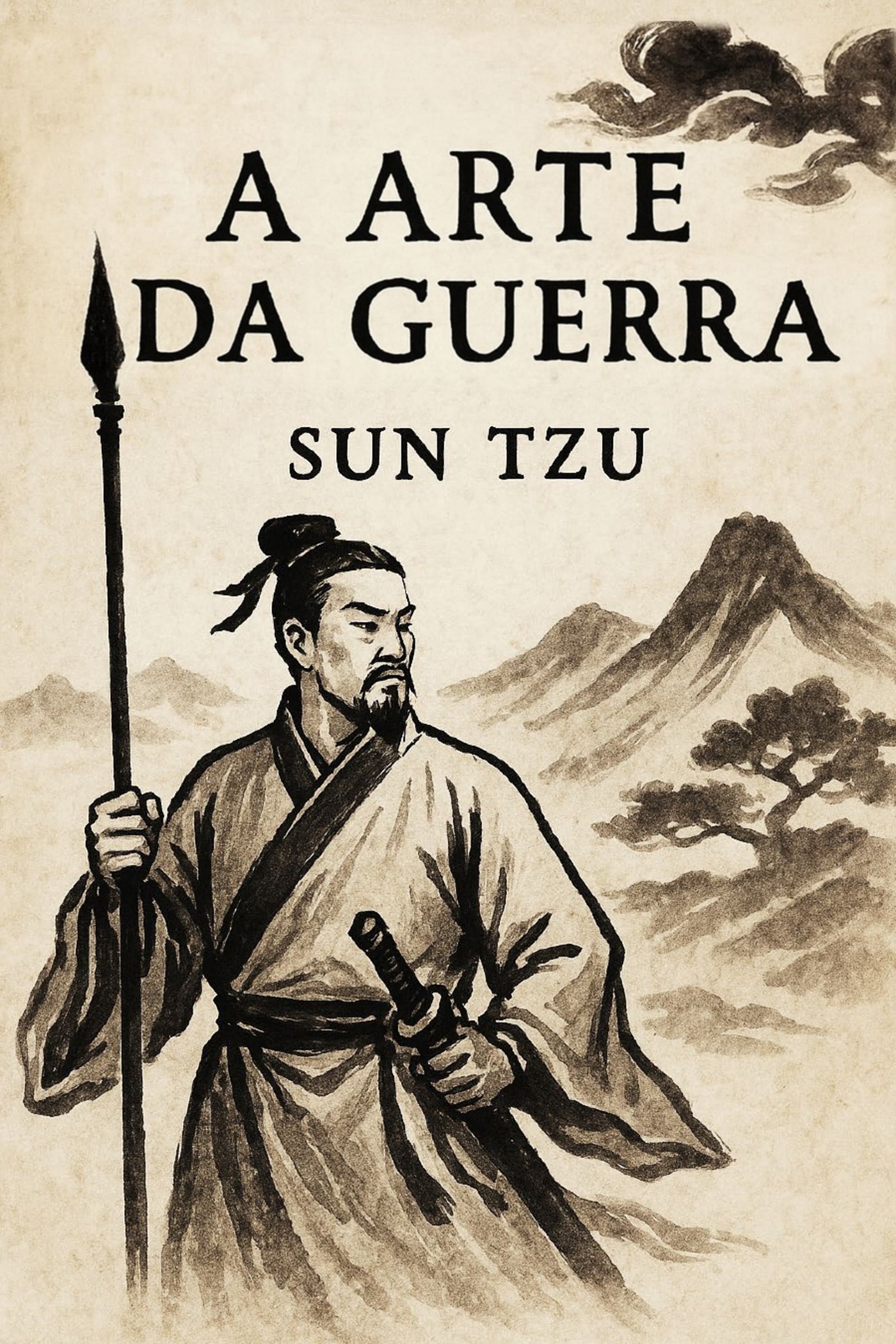 Book cover of 'A Arte da Guerra' by Sun Tzu with a warrior illustration and mountain landscape.