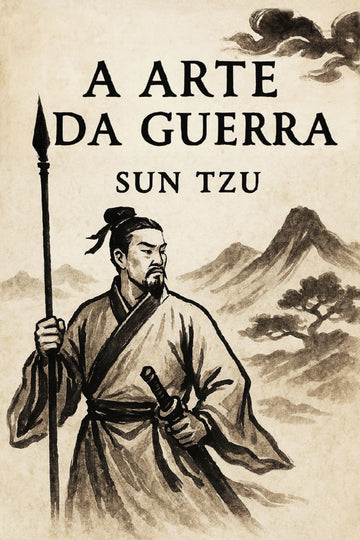 Book cover of 'A Arte da Guerra' by Sun Tzu with a warrior illustration and mountain landscape.