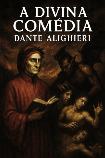 Book cover of 'A Divina Comédia' by Dante Alighieri with a dark background and central figure holding a book.