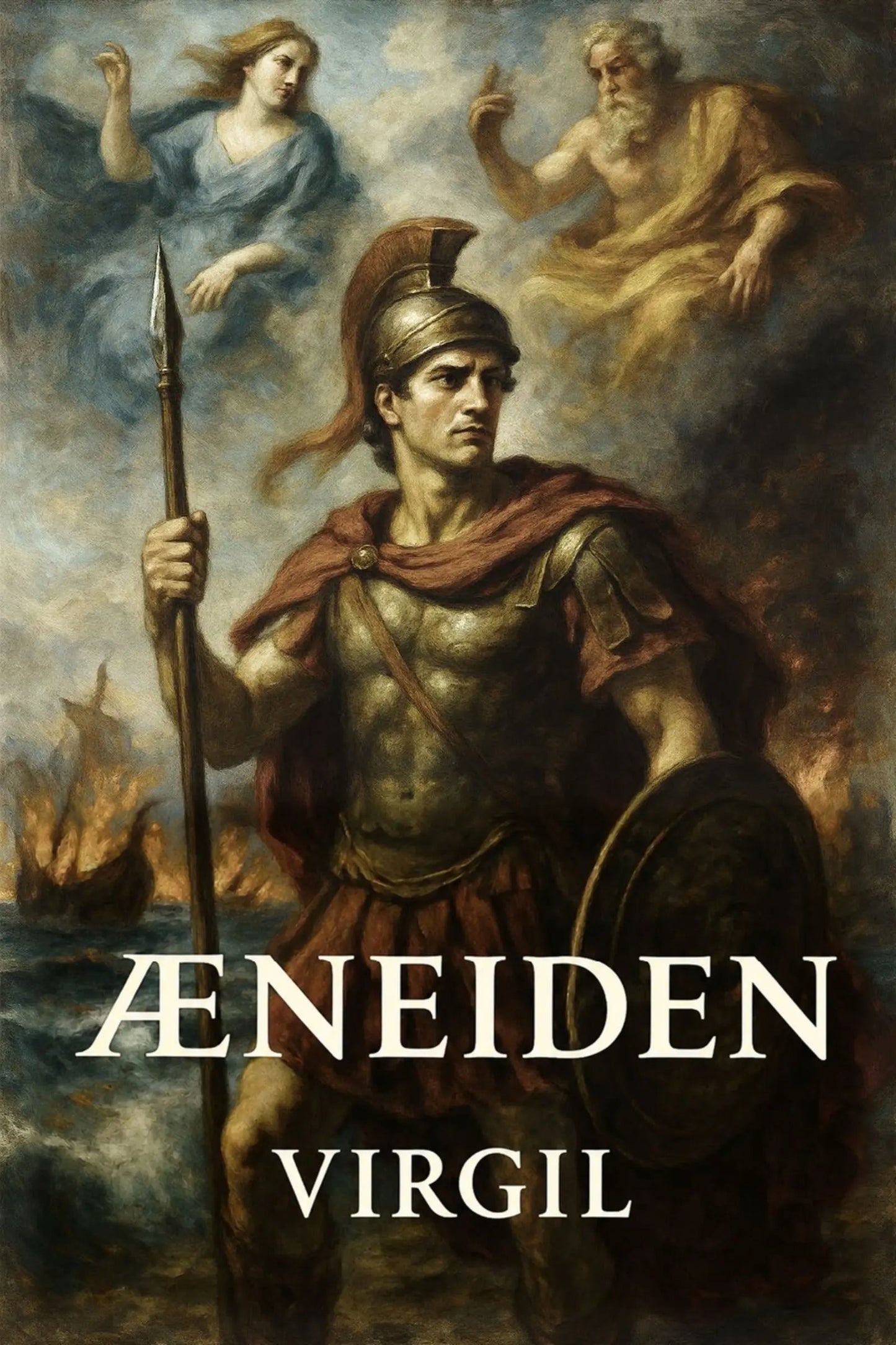 Book cover of 'Æneiden' by Virgil featuring a warrior and two figures in the sky.