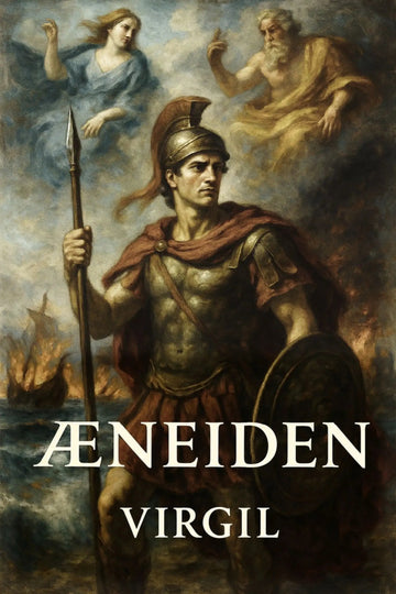 Book cover of 'Æneiden' by Virgil featuring a warrior and two figures in the sky.