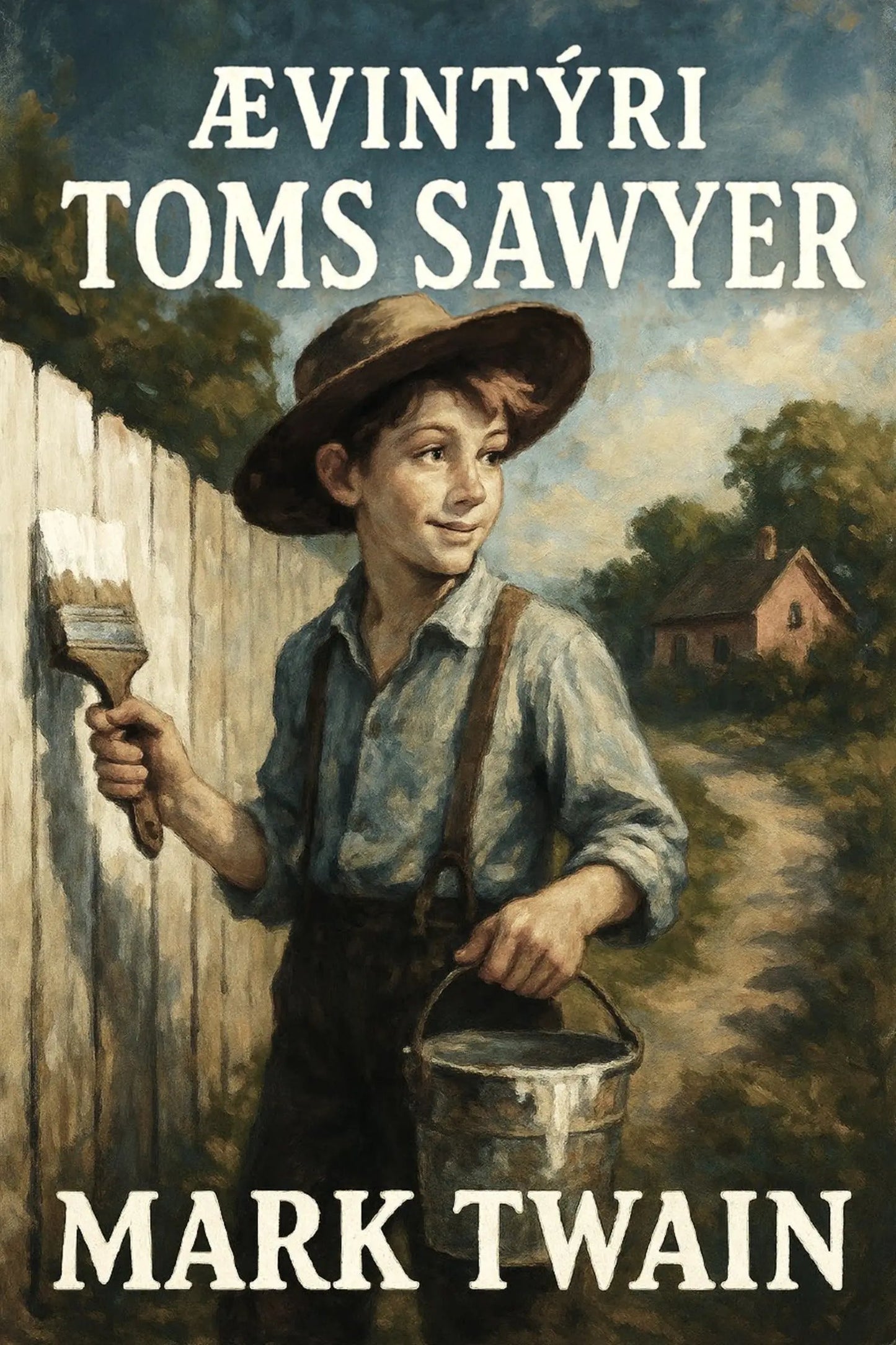 Book cover for 'Ævintýri Toms Sawyer' by Mark Twain, featuring an illustrated young boy in a hat and suspenders holding a paintbrush and paint bucket beside a wooden fence, with the title and author name in large white text.