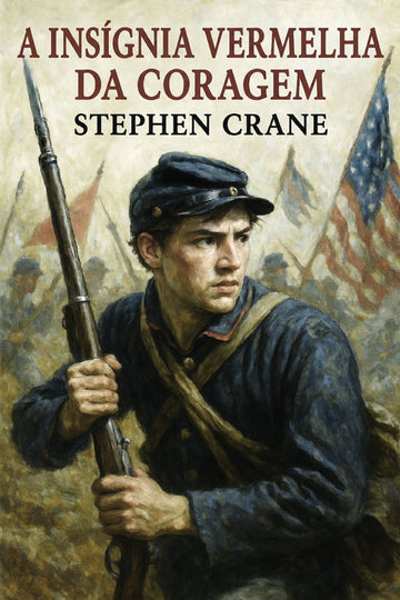 Book cover of 'A Insígnia Vermelha da Coragem' by Stephen Crane featuring a soldier with a rifle and flags.