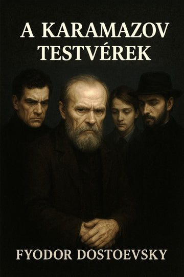 Book cover of 'A Karamazov testvérek' by Fyodor Dostoevsky with a dark background and four characters.