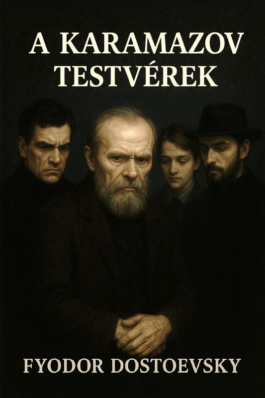 Book cover of 'A Karamazov testvérek' by Fyodor Dostoevsky with a dark background and four characters.