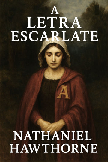 Book cover of 'A Letra Escarlate' by Nathaniel Hawthorne with a woman in a red cloak and hood.