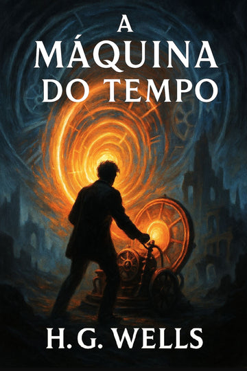 Book cover of 'A Máquina do Tempo' by H.G. Wells with a silhouette of a man and a time machine.