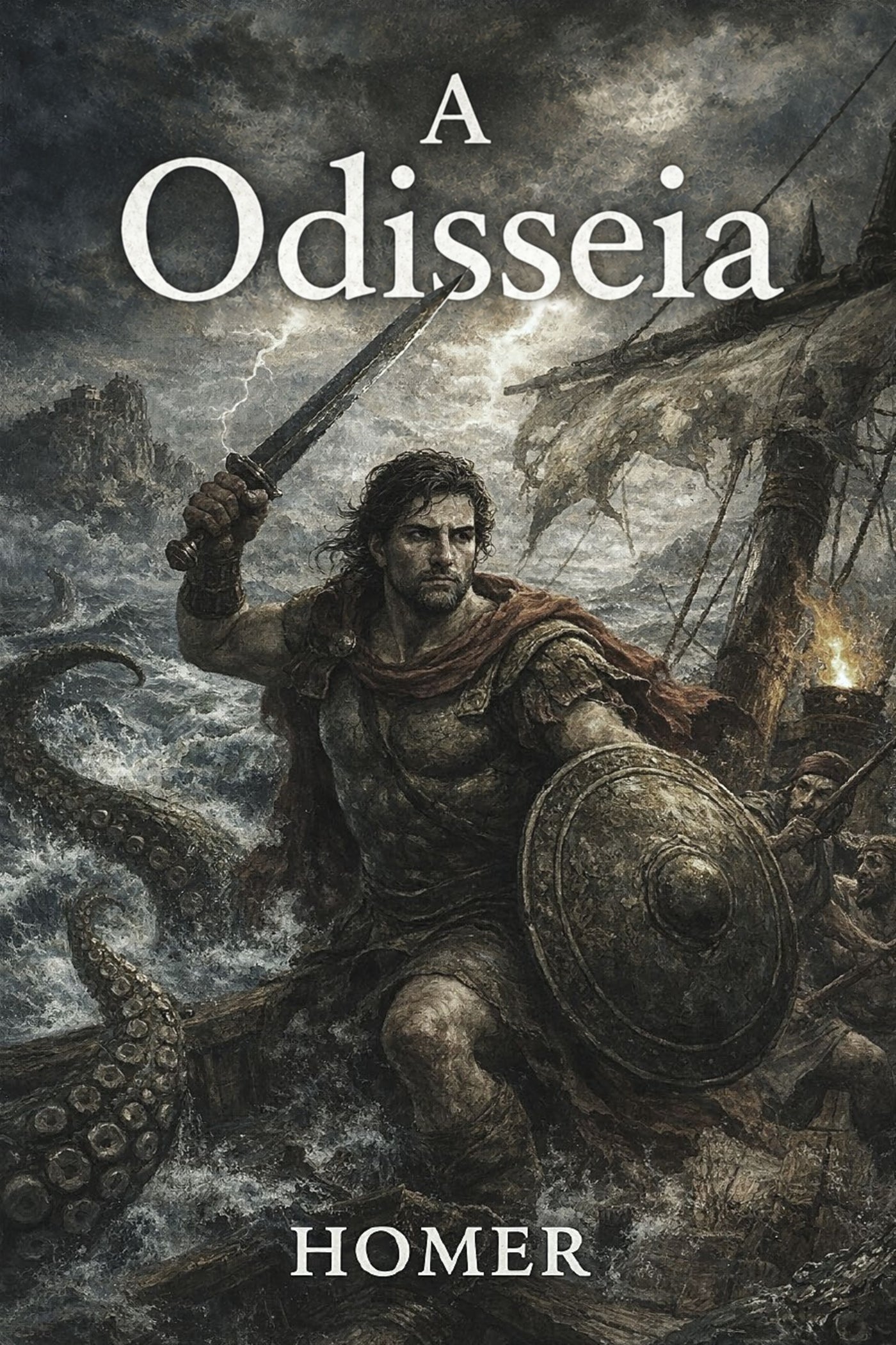 Book cover of 'A Odisseia' with a warrior scene and stormy sea