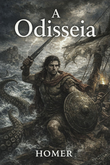 Book cover of 'A Odisseia' with a warrior scene and stormy sea