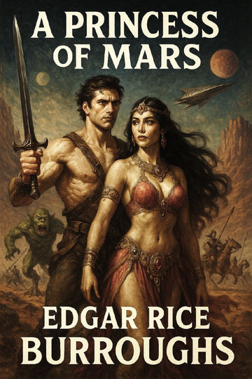 Book cover of 'A Princess of Mars' by Edgar Rice Burroughs featuring a man and woman in a desert scene with spaceships.