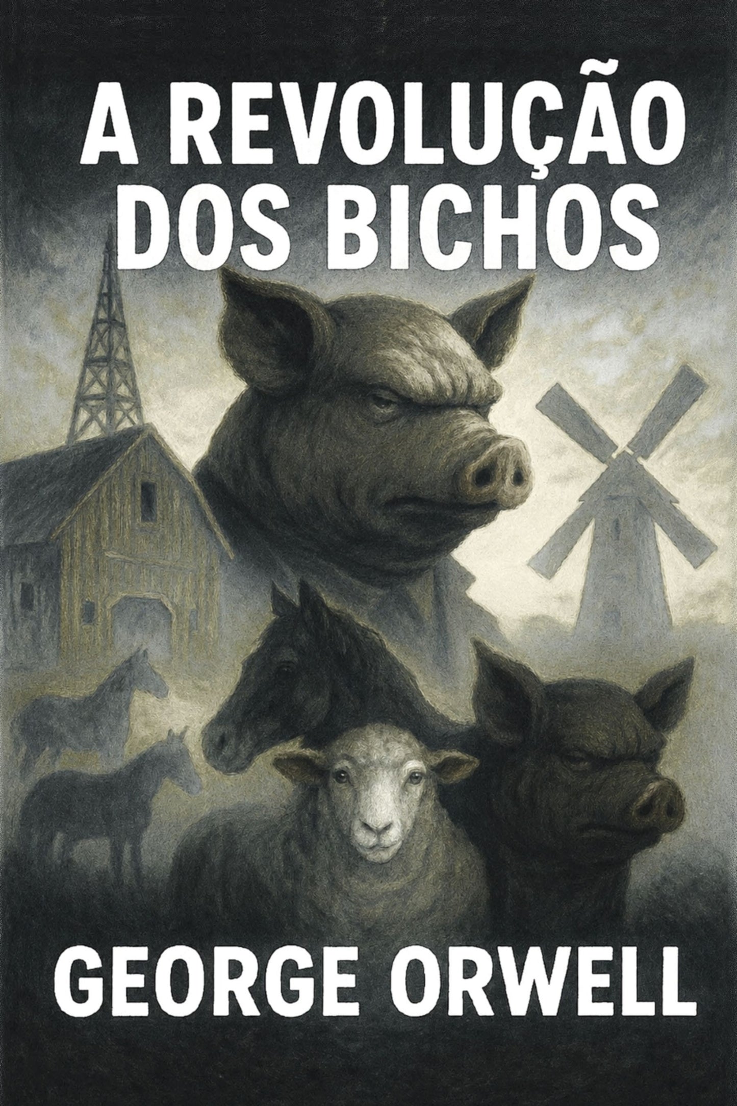 Book cover of 'A Revolução dos Bichos' by George Orwell featuring animals and a windmill.