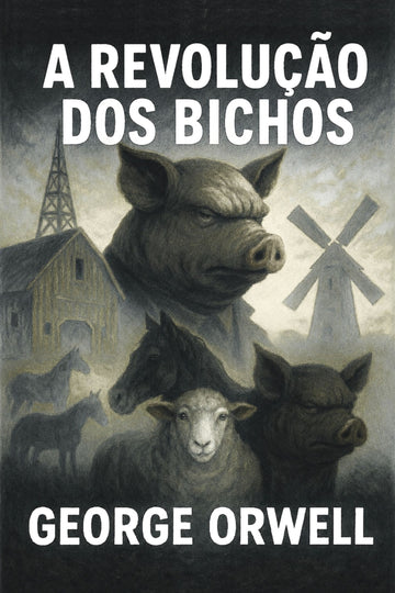 Book cover of 'A Revolução dos Bichos' by George Orwell featuring animals and a windmill.