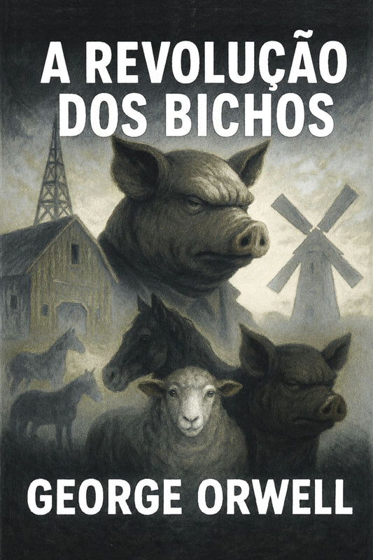 Book cover of 'A Revolução dos Bichos' by George Orwell featuring animals and a windmill.